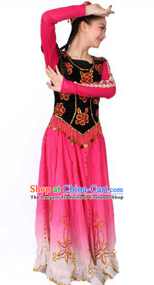 China Traditional Uygur Nationality Stage Performance Pink Dress Xinjiang Ethnic Folk Dance Clothing