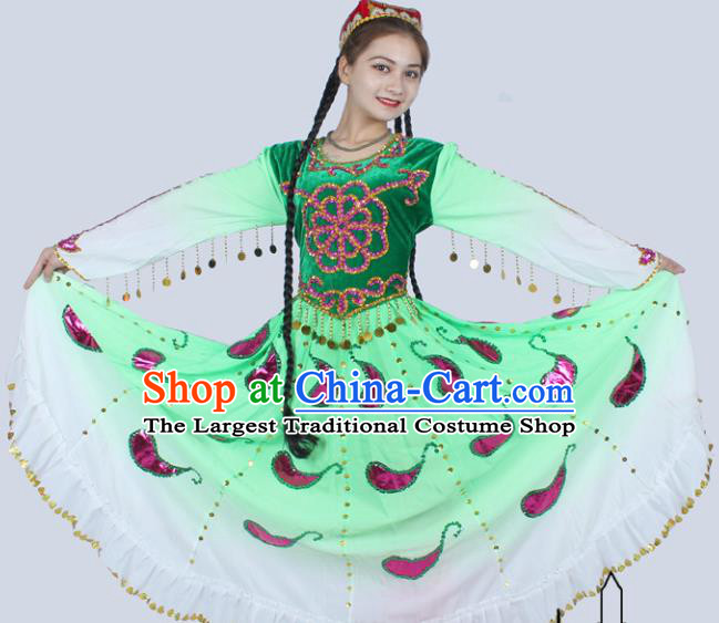 China Xinjiang Ethnic Folk Dance Clothing Traditional Uygur Nationality Stage Performance Green Dress