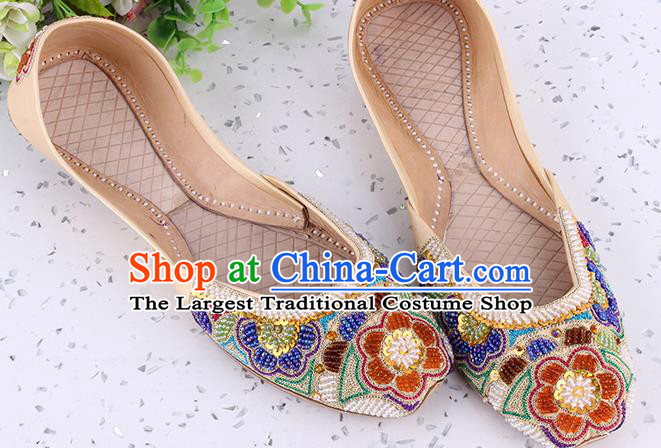 Indian Handmade Embroidery Beads Shoes Asian Traditional Wedding Apricot Leather Shoes Folk Dance Shoes