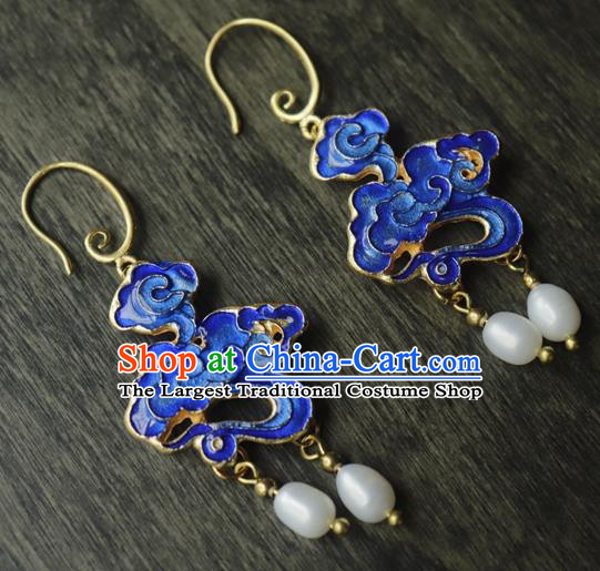 Chinese Traditional Qing Dynasty Court Blueing Cloud Ear Jewelry Ancient Imperial Concubine Earrings