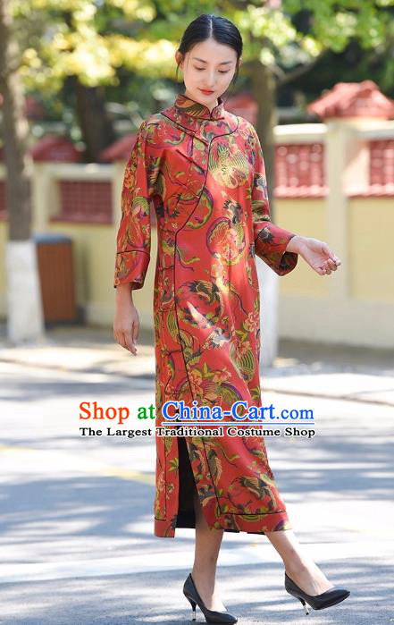 Chinese Traditional Phoenix Peony Pattern Red Silk Qipao Dress Costume National Young Lady Cheongsam