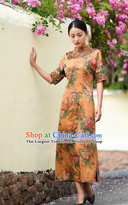 Chinese Traditional Minguo Young Lady Qipao Dress Costume National Printing Peony Yellow Silk Cheongsam