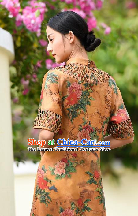 Chinese Traditional Minguo Young Lady Qipao Dress Costume National Printing Peony Yellow Silk Cheongsam