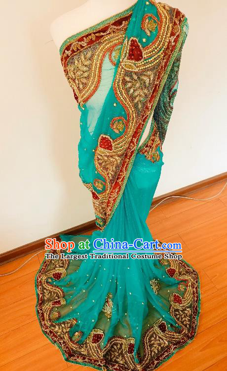 Asian India Embroidered Blue Sari Dress Indian Traditional Female Stage Performance Costume