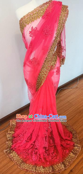 Indian Traditional Folk Dance Costume Asian India Embroidery Rosy Veil Sari Dress