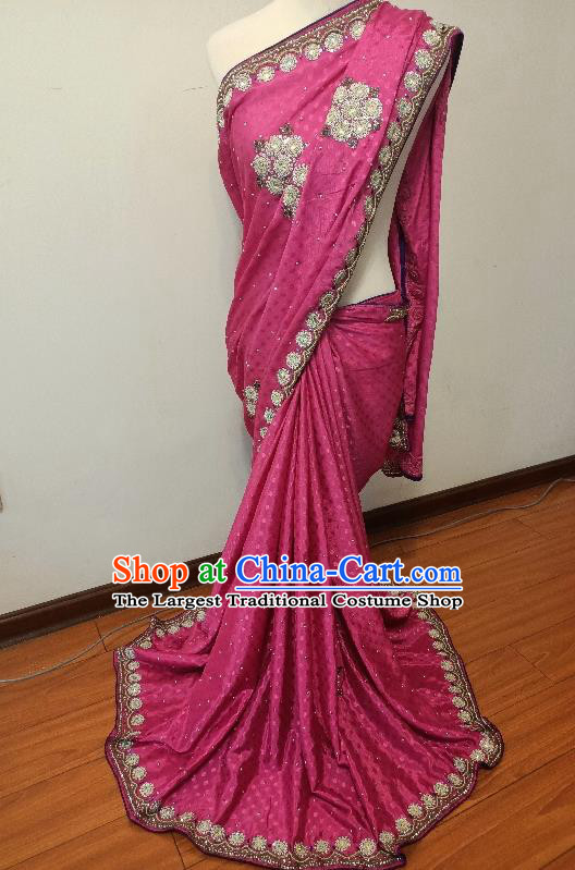 Asian India Folk Dance Embroidery Rosy Sari Dress Indian Traditional Wedding Costume