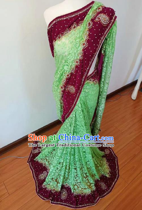 Indian Traditional Folk Dance Costume Asian India Festival Performance Purple and Green Sari Dress