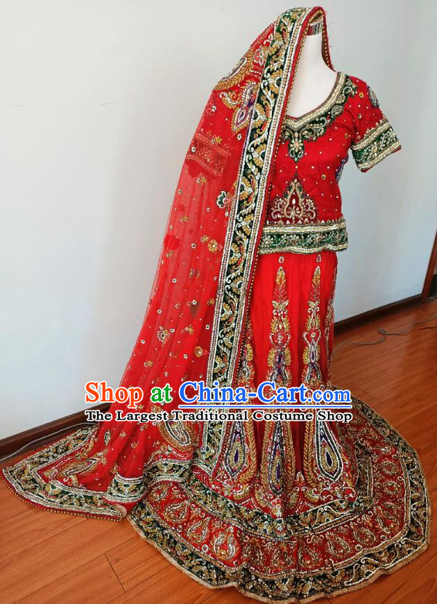 Indian Traditional Wedding Lehenga Costume Asian India Noble Woman Embroidered Red Dress Outfits