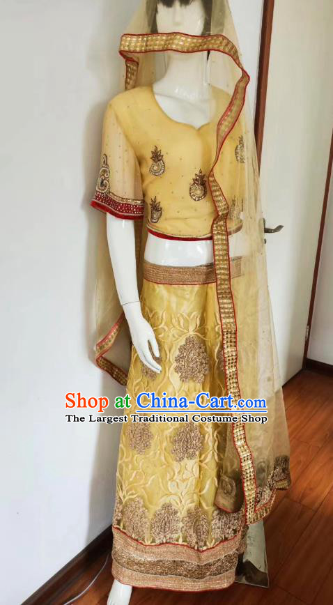Asian India Belly Dance Embroidered Yellow Dress Outfits Indian Traditional Lehenga Costumes
