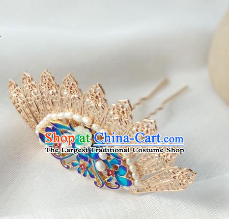 China Ancient Noble Woman Hairpin Traditional Ming Dynasty Cloisonne Pearls Hair Crown