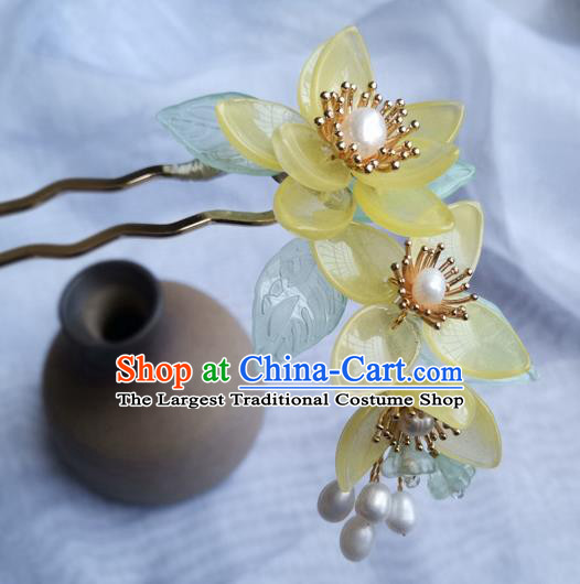 China Ancient Princess Yellow Lotus Hairpin Traditional Song Dynasty Pearls Hair Stick