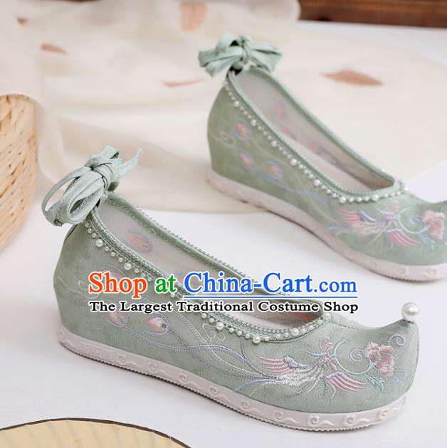 China Traditional Pearls Hanfu Shoes Embroidered Phoenix Shoes Handmade National Green Cloth Shoes