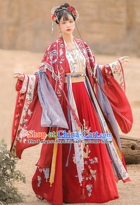 Traditional China Song Dynasty Wedding Historical Clothing Ancient Royal Princess Red Hanfu Dress Complete Set