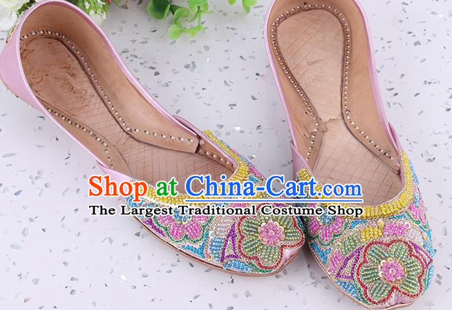 Indian Handmade Embroidery Beads Flowers Shoes Asian Traditional Wedding Pink Leather Shoes Folk Dance Shoes