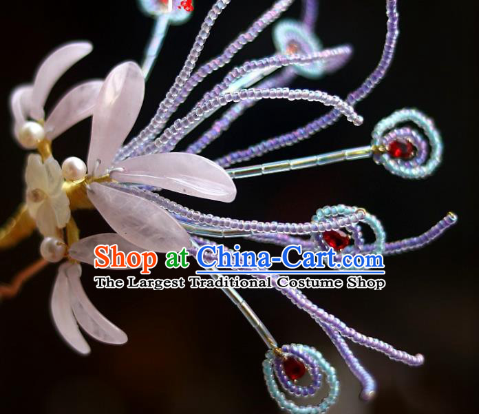 Chinese Ancient Empress Purple Beads Hairpin Traditional Ming Dynasty Pink Quartz Orchids Hair Stick