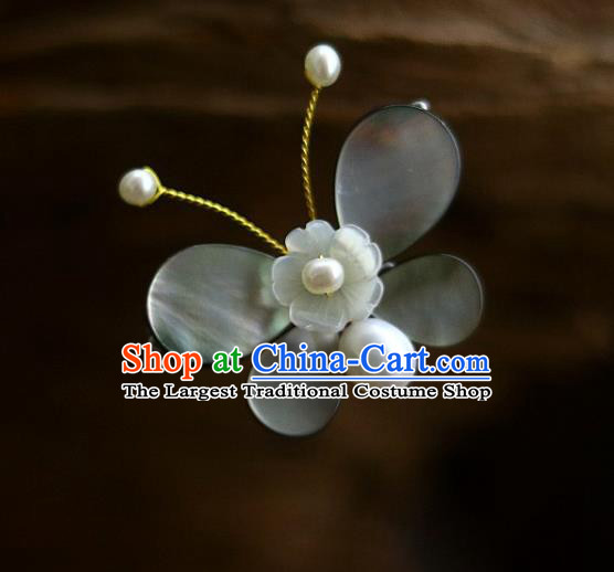 Chinese Ancient Princess Black Shell Butterfly Hairpin Traditional Song Dynasty Pearls Hair Stick