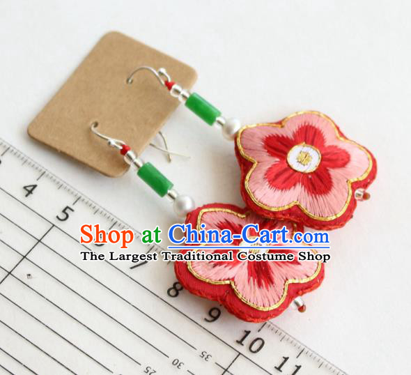China Classical Cheongsam Embroidered Red Plum Ear Jewelry Handmade National Jade Earrings