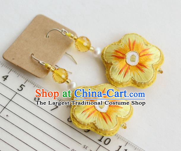 China Classical Ear Jewelry Handmade National Cheongsam Embroidered Yellow Plum Earrings