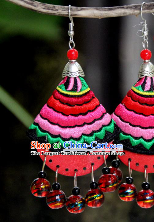 Chinese Handmade Embroidered Red Ear Jewelry National Ear Accessories Yannan Ethnic Woman Earrings
