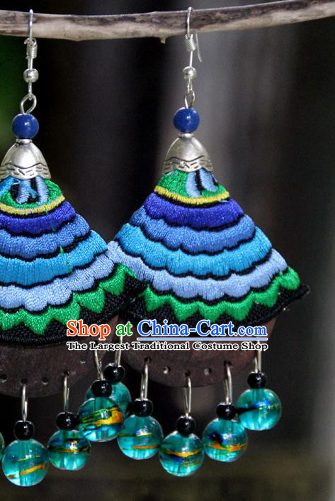 Chinese Yannan Ethnic Woman Earrings Handmade Embroidered Blue Ear Jewelry National Ear Accessories