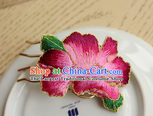 China Handmade Classical Cheongsam Hairpin National Embroidered Rosy Peony Hair Comb