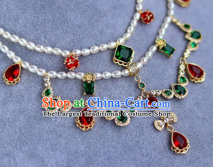 China Traditional Ming Dynasty Palace Lady Zircon Necklace Handmade Ancient Princess Pearls Necklet Accessories