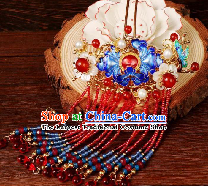 Chinese Ancient Imperial Consort Blueing Peony Hairpin Traditional Ming Dynasty Empress Red Beads Tassel Hair Stick