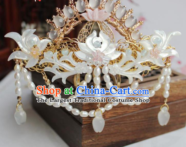 Chinese Ancient Princess Shell Lotus Hairpin Hanfu Hair Accessories Traditional Tang Dynasty Pearls Tassel Hair Crown