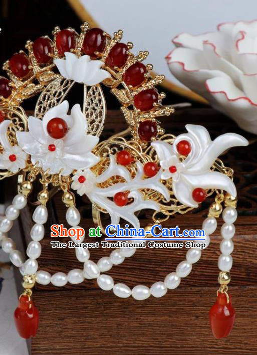 Chinese Ancient Princess Shell Lotus Hairpin Hanfu Hair Accessories Traditional Tang Dynasty Agate Hair Crown