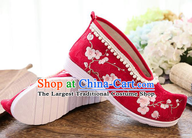 China Ancient Princess Pearls Shoes National Embroidered Plum Red Cloth Shoes Traditional Ming Dynasty Hanfu Shoes