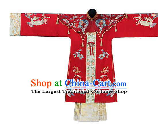 China Traditional Wedding Red Hanfu Dress Ancient Ming Dynasty Empress Embroidered Historical Clothing and Headdress Full Set