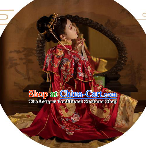 China Traditional Wedding Red Hanfu Dress Ancient Ming Dynasty Empress Embroidered Historical Clothing and Headdress Full Set