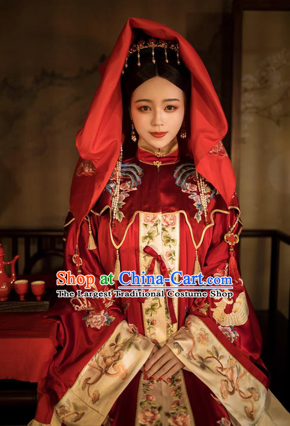 China Traditional Wedding Red Hanfu Dress Ancient Ming Dynasty Empress Embroidered Historical Clothing and Headdress Full Set