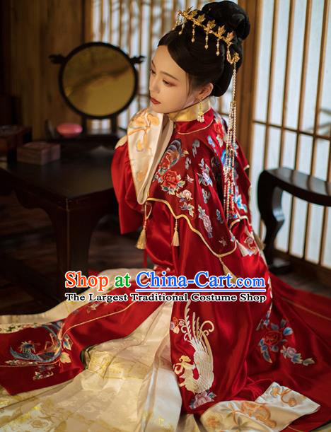 China Traditional Wedding Red Hanfu Dress Ancient Ming Dynasty Empress Embroidered Historical Clothing and Headdress Full Set