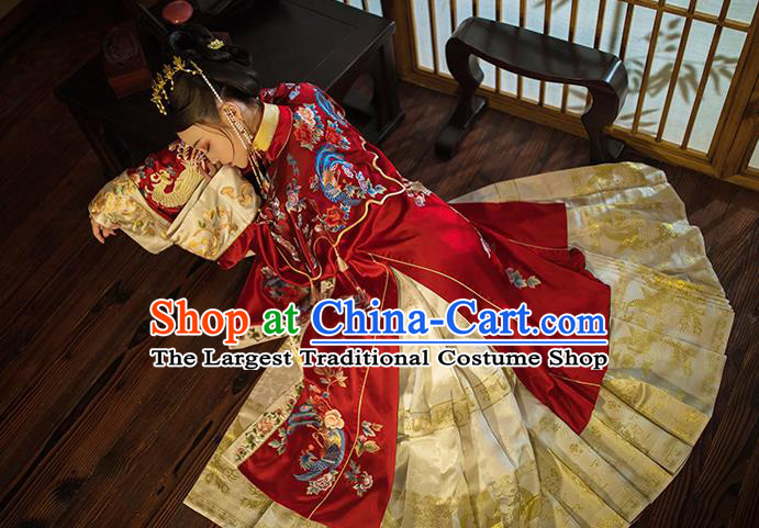 China Traditional Wedding Red Hanfu Dress Ancient Ming Dynasty Empress Embroidered Historical Clothing and Headdress Full Set