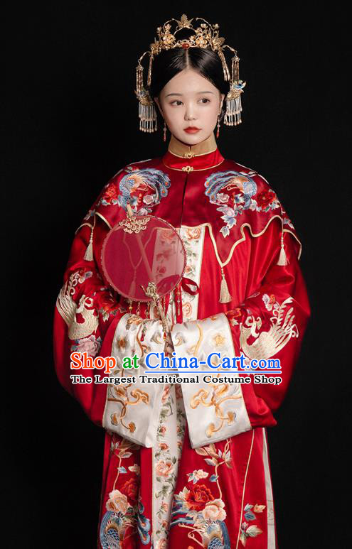 China Traditional Wedding Red Hanfu Dress Ancient Ming Dynasty Empress Embroidered Historical Clothing and Headdress Full Set