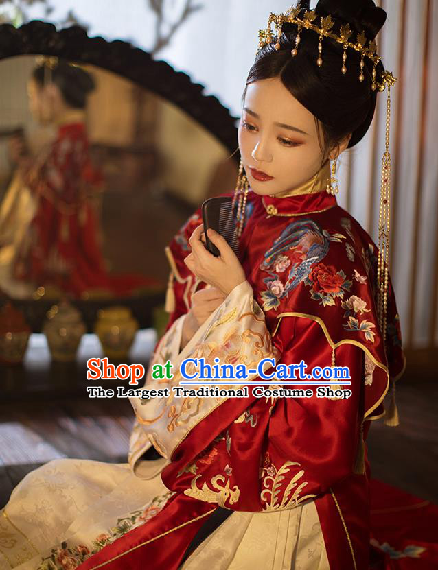 China Traditional Wedding Red Hanfu Dress Ancient Ming Dynasty Empress Embroidered Historical Clothing and Headdress Full Set