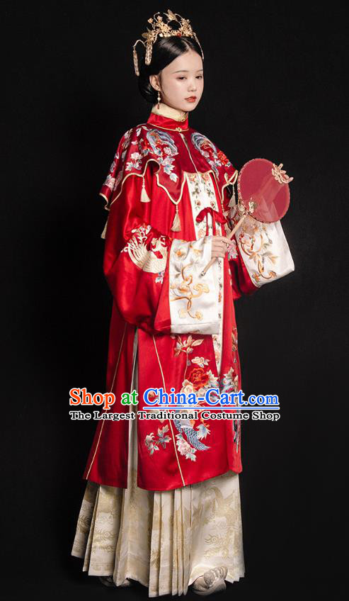 China Traditional Wedding Red Hanfu Dress Ancient Ming Dynasty Empress Embroidered Historical Clothing and Headdress Full Set