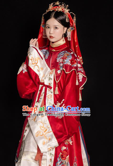 China Traditional Wedding Red Hanfu Dress Ancient Ming Dynasty Empress Embroidered Historical Clothing and Headdress Full Set