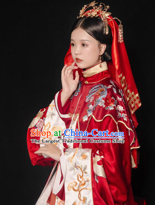 China Traditional Wedding Red Hanfu Dress Ancient Ming Dynasty Empress Embroidered Historical Clothing and Headdress Full Set