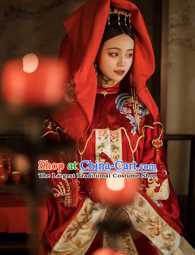 China Traditional Wedding Red Hanfu Dress Ancient Ming Dynasty Empress Embroidered Historical Clothing and Headdress Full Set