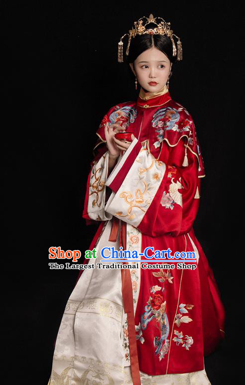 China Traditional Wedding Red Hanfu Dress Ancient Ming Dynasty Empress Embroidered Historical Clothing and Headdress Full Set