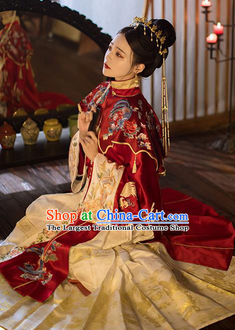 China Traditional Wedding Red Hanfu Dress Ancient Ming Dynasty Empress Embroidered Historical Clothing and Headdress Full Set