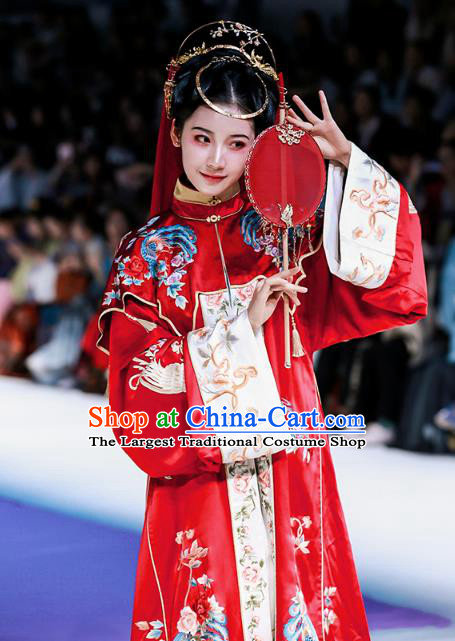 China Traditional Wedding Red Hanfu Dress Ancient Ming Dynasty Empress Embroidered Historical Clothing and Headdress Full Set