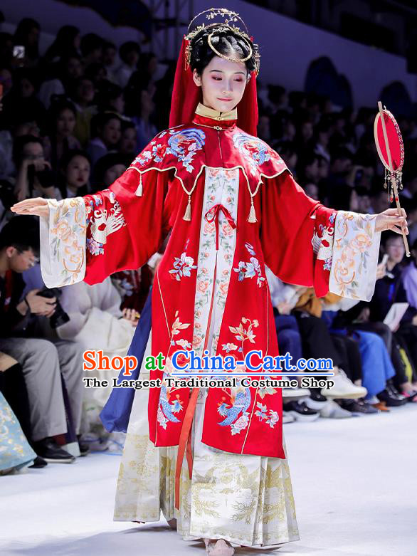 China Traditional Wedding Red Hanfu Dress Ancient Ming Dynasty Empress Embroidered Historical Clothing and Headdress Full Set