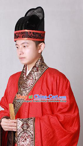 China Traditional Tang Dynasty Wedding Historical Clothing Ancient Noble Childe Red Hanfu Garments and Hat for Men