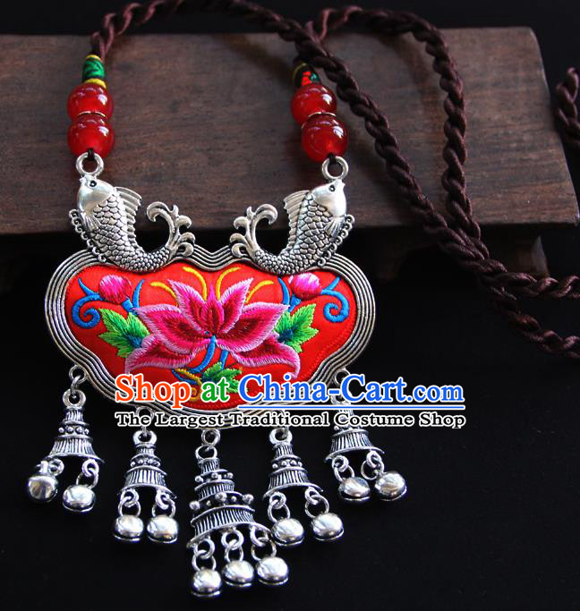 China Handmade Ethnic Silver Bells Necklet Accessories Traditional Miao Minority Embroidered Red Necklace