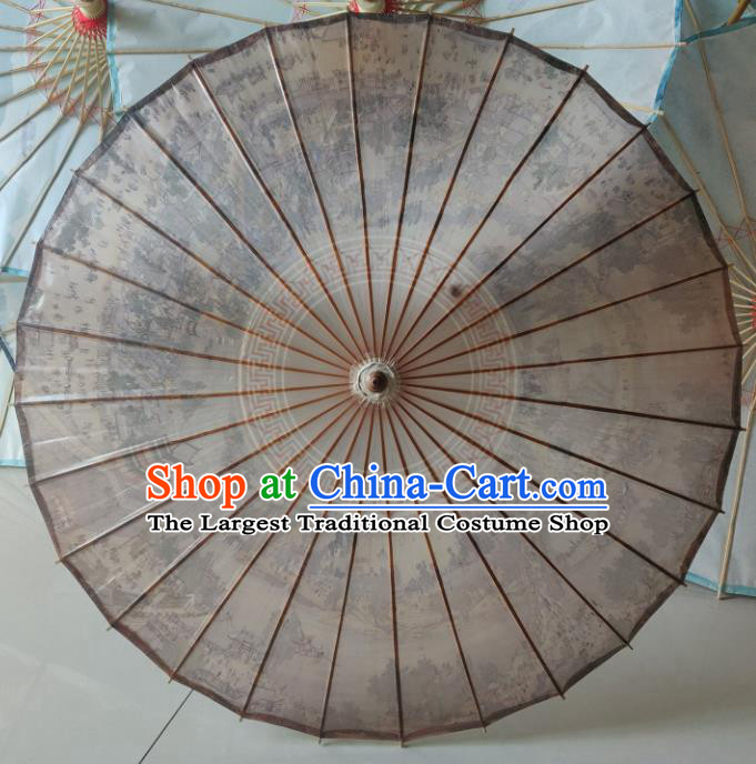 China Traditional Hanfu Brown Umbrella Classical Dance Umbrellas Handmade Riverside Scene at Qingming Festival Painting Oil Paper Umbrella