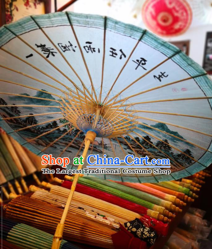 China Handmade Light Green Oilpaper Umbrella Ink Painting Landscape Oil Paper Umbrella Traditional Hanfu Dance Umbrella