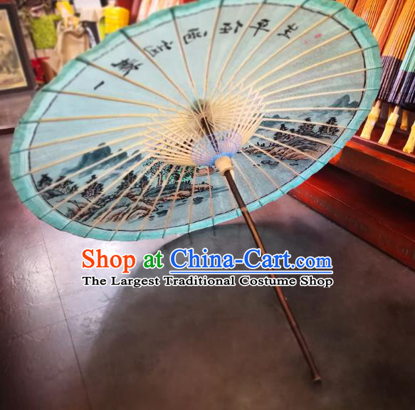China Handmade Light Green Oilpaper Umbrella Ink Painting Landscape Oil Paper Umbrella Traditional Hanfu Dance Umbrella